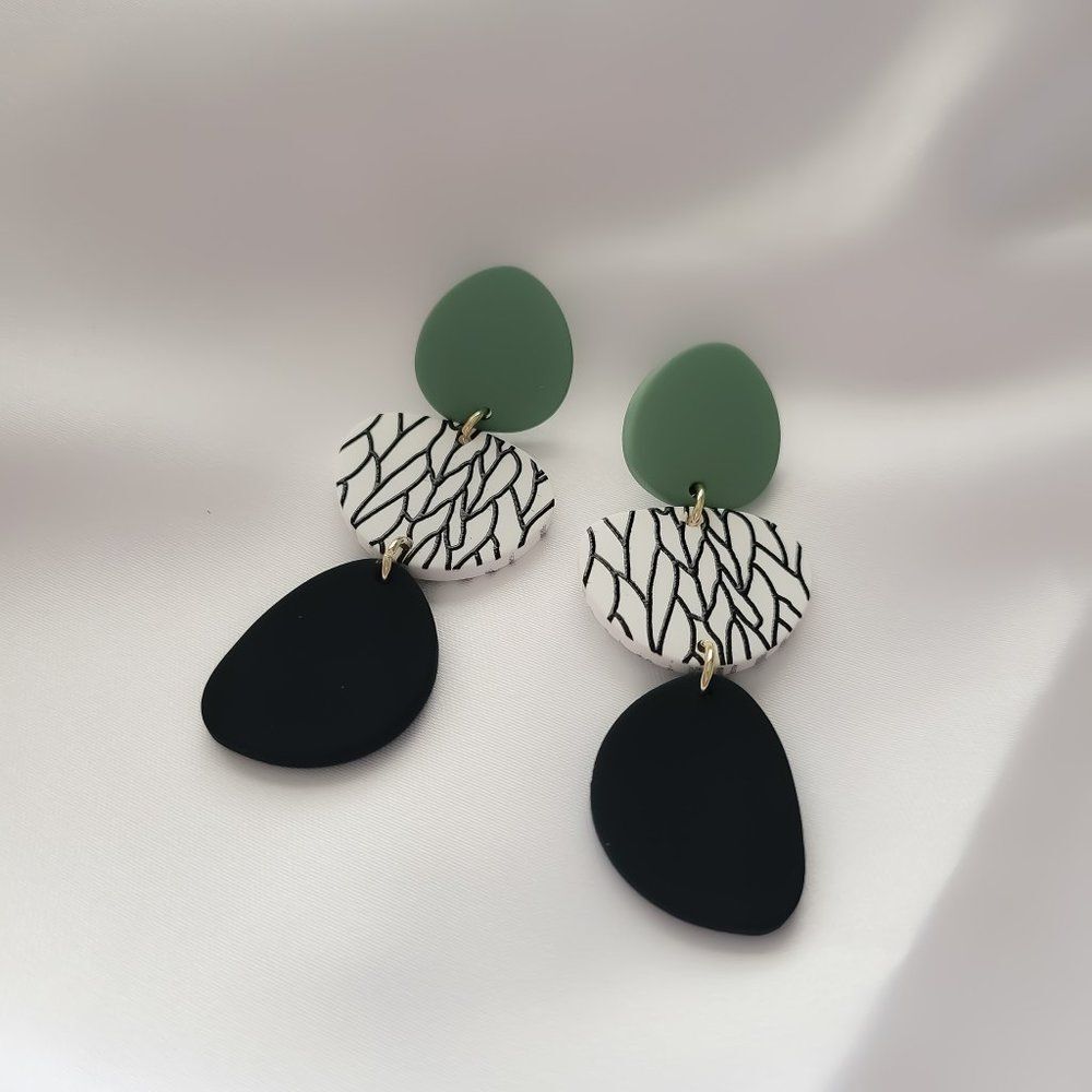 5/$25 Green and Black Acrylic Geometric Statement Earrings - Picture 3 of 10
